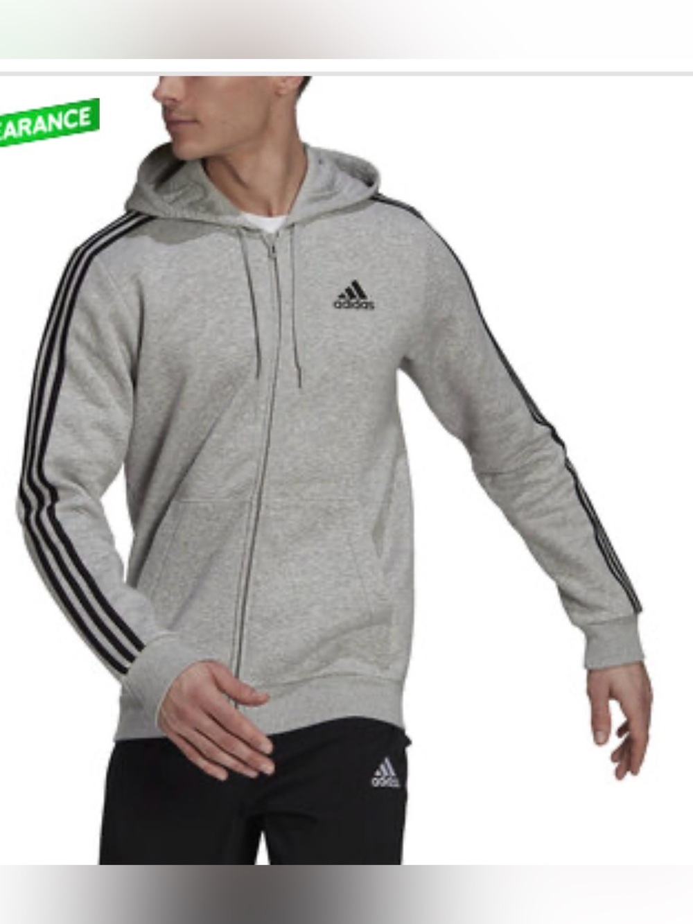 adidas Men’s Light Gray Full-Zip Hoodie with Black 3-Stripe Sleeves